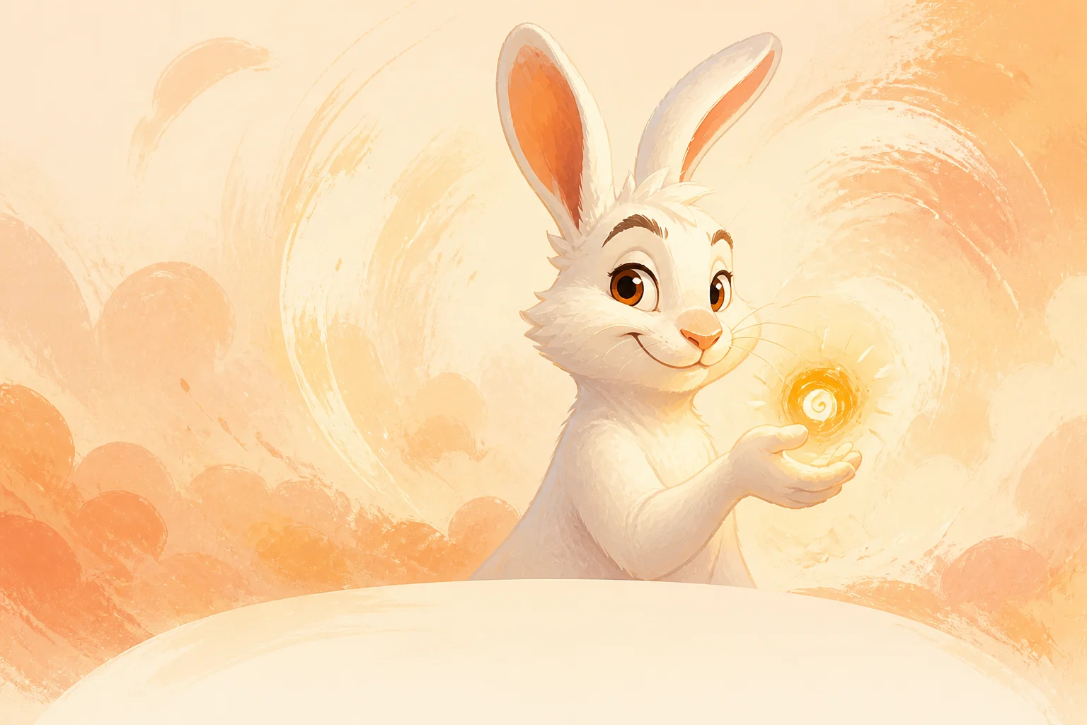 A grinning painted rabbit holding a little orange idea